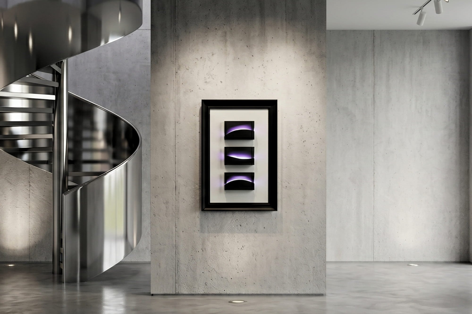 LED-integrated bas-relief parietal sculpture with violet light, three modules, 80x40x13 cm, handcrafted by Alessandro Butera Studio Italy, bespoke artwork for luxury hospitality, hotels, and prestigious residential interiors