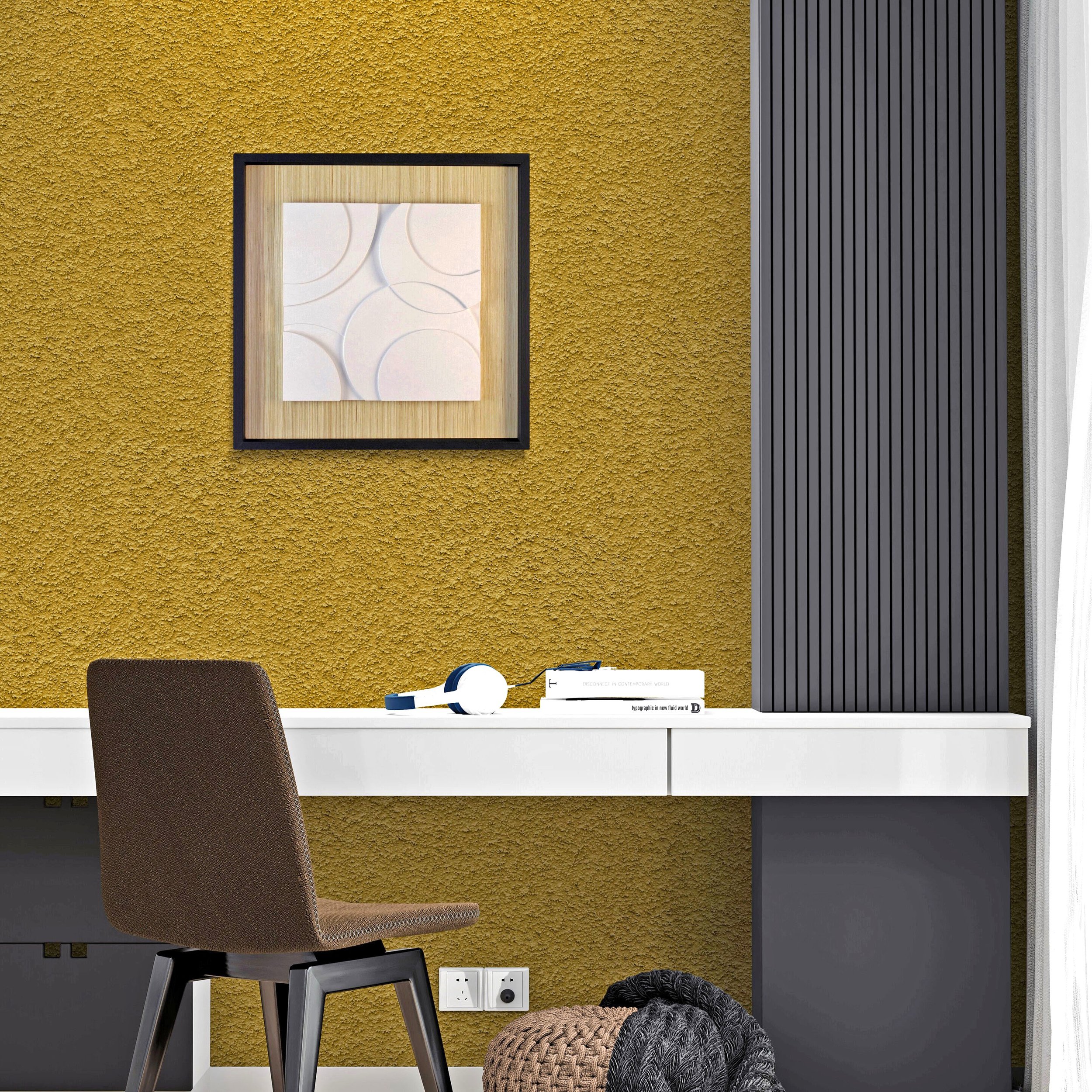 White circular bas-relief by Alessandro Butera, hand-finished relief with natural wood passe-partout, for luxury interiors