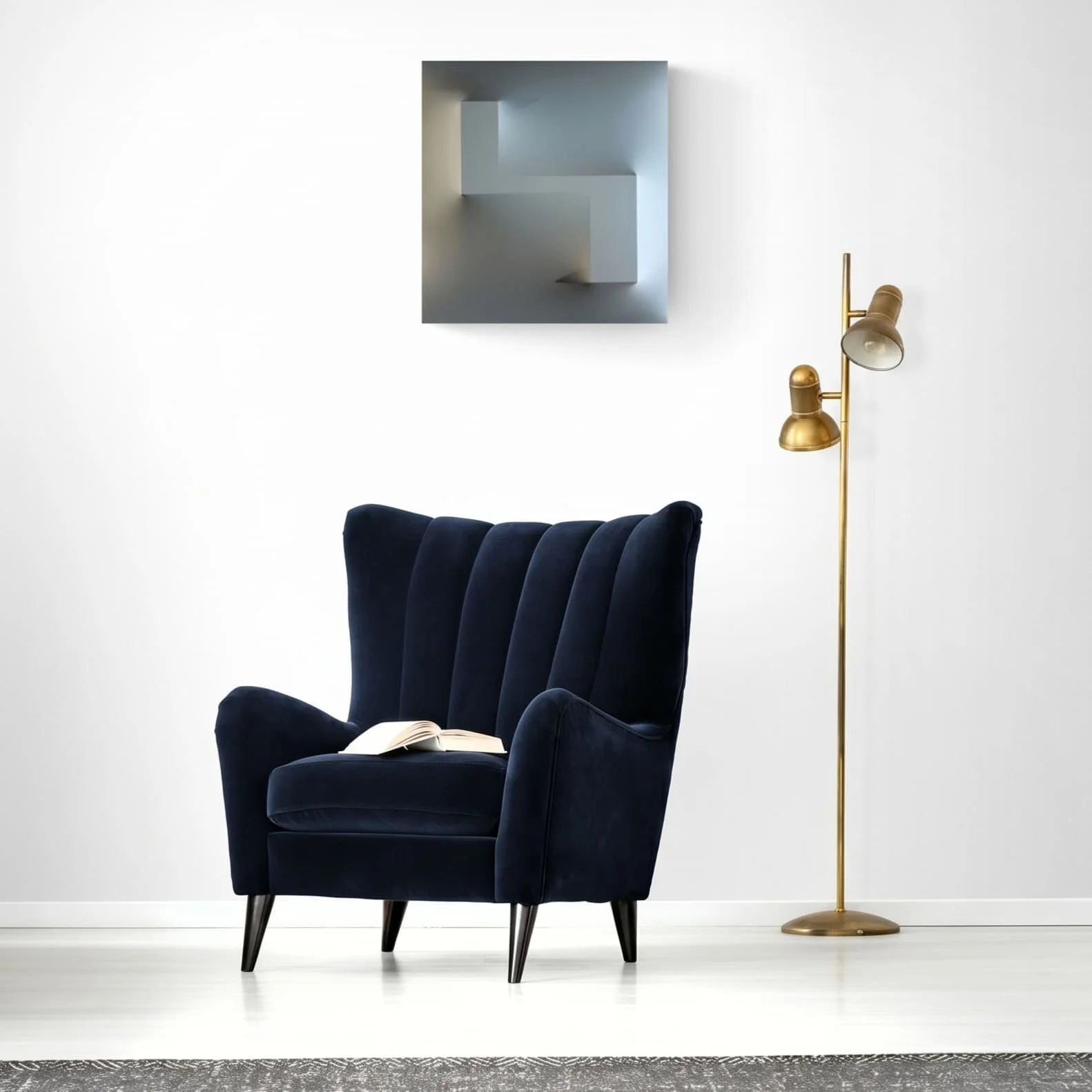 Grey monochrome extroflessed artwork with stepped angular form, acrylic on fabric, mixed media, bespoke parietal sculpture by Alessandro Butera Studio Italy for minimal luxury interiors and executive residences