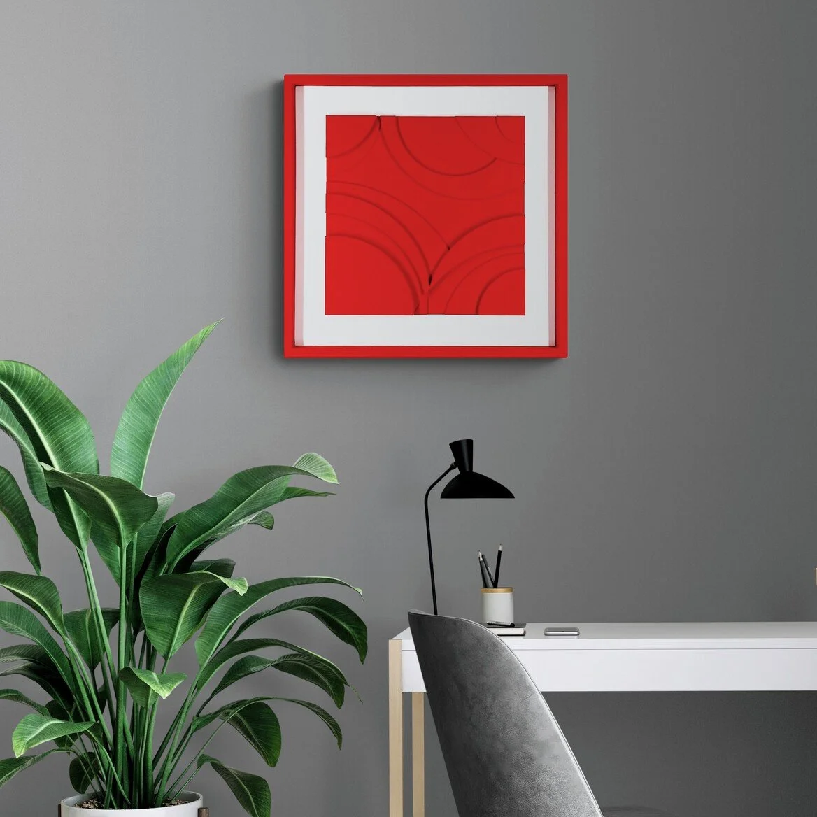 ed circular bas-relief by Alessandro Butera, hand-finished relief with white passe-partout and hand-painted frame, for luxury interiors
