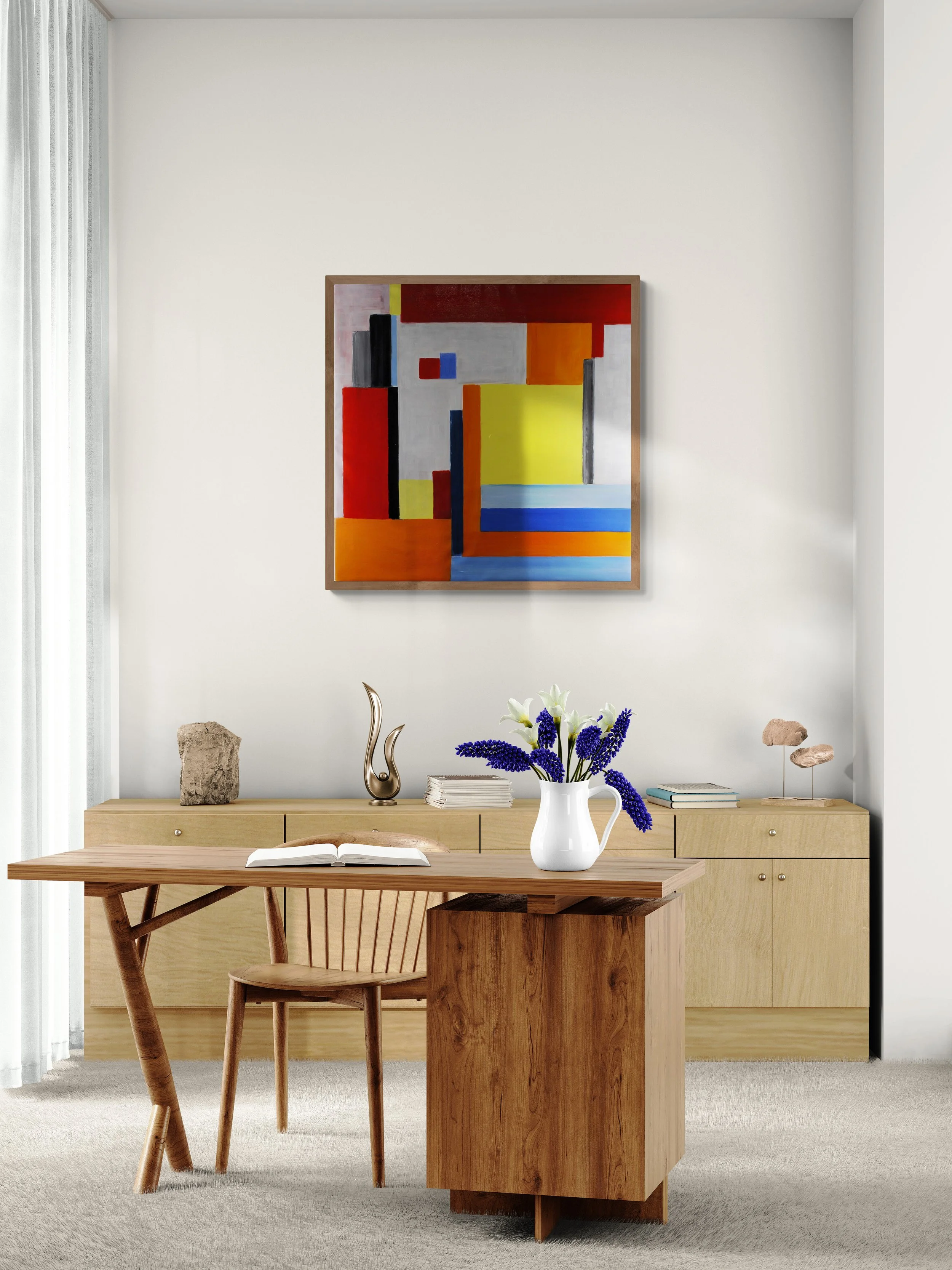Geometric abstract painting by Alessandro Butera, blocks of red, yellow, blue and black, acrylic on canvas, brush and palette knife, for luxury interiors
