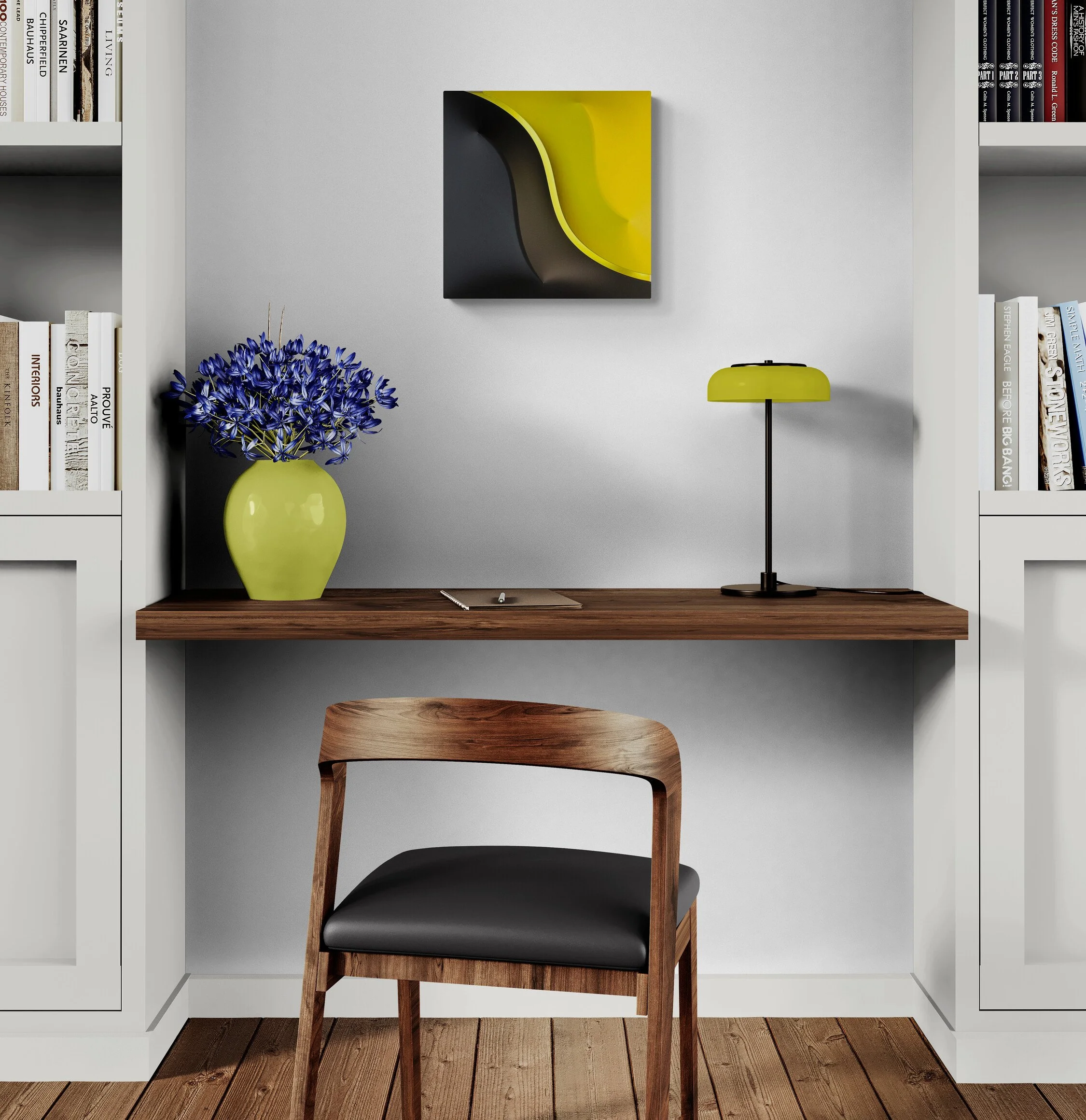ellow and black extroflessed artwork with integrated white LED and warm reflected glow, acrylic on fabric, mixed media, bespoke illuminated parietal sculpture by Alessandro Butera Studio Italy for studies, libraries and high-end residential interiors