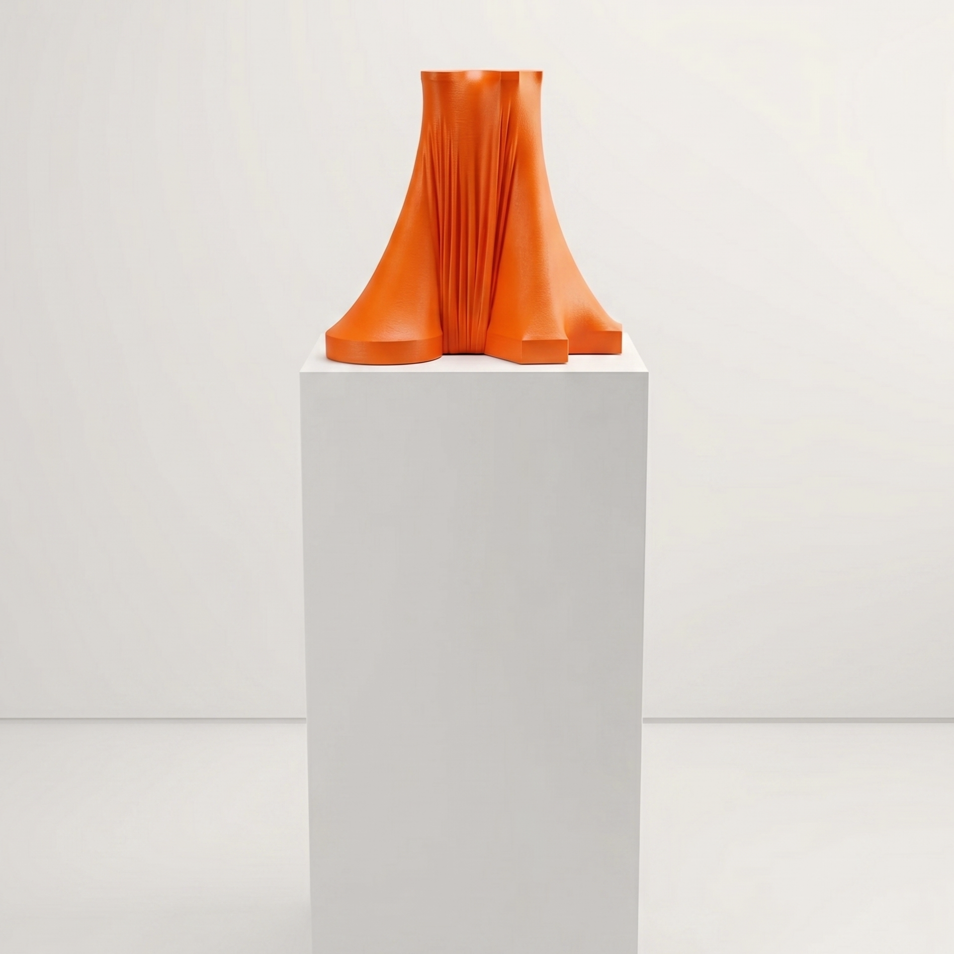  Orange extroflessed sculpture in the round by Alessandro Butera, draped fabric folds in tension, contemporary Italian Spatialism, for luxury interiors and design collections