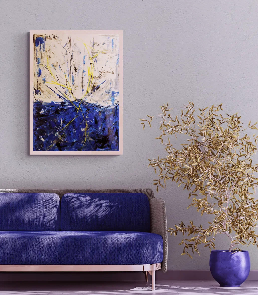 White and blue abstract painting by Alessandro Butera, blue and black marks with yellow palette-knife strokes, acrylic on canvas, for luxury interiors