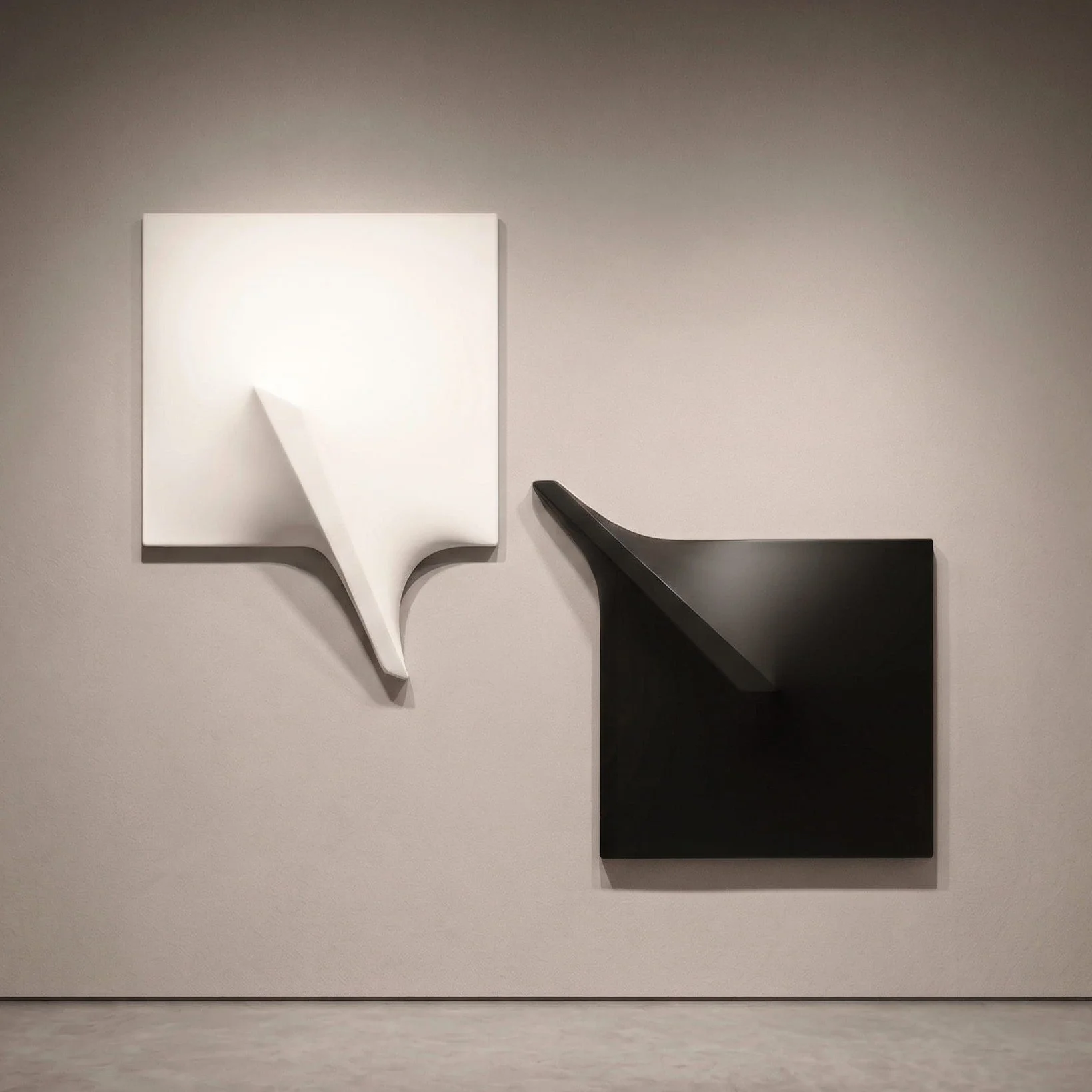 Black and white diptych extroflessed artwork, two-panel parietal sculpture,acrylic on fabric, mixed media, bespoke commission by Alessandro Butera Studio Italy for luxury hospitality and high-end residential interiors