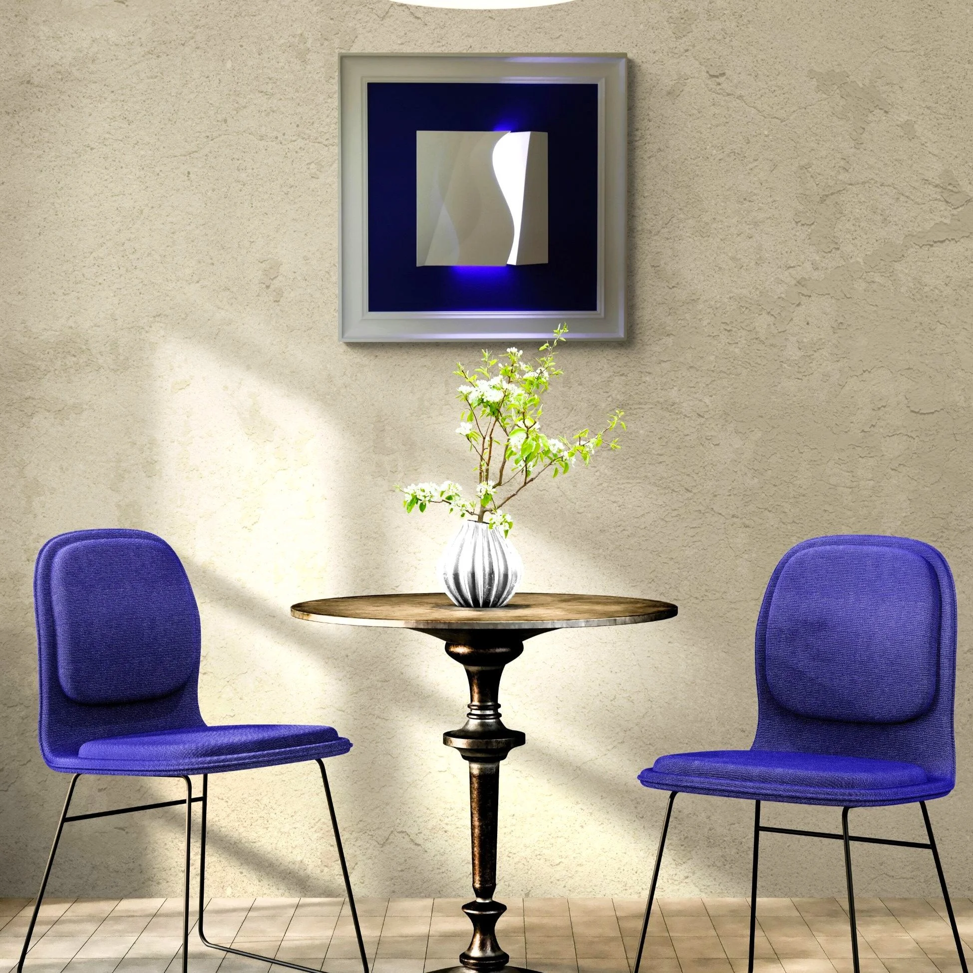 White curved LED bas-relief by Alessandro Butera, glowing with integrated blue light, hand-painted frame, for luxury interiors