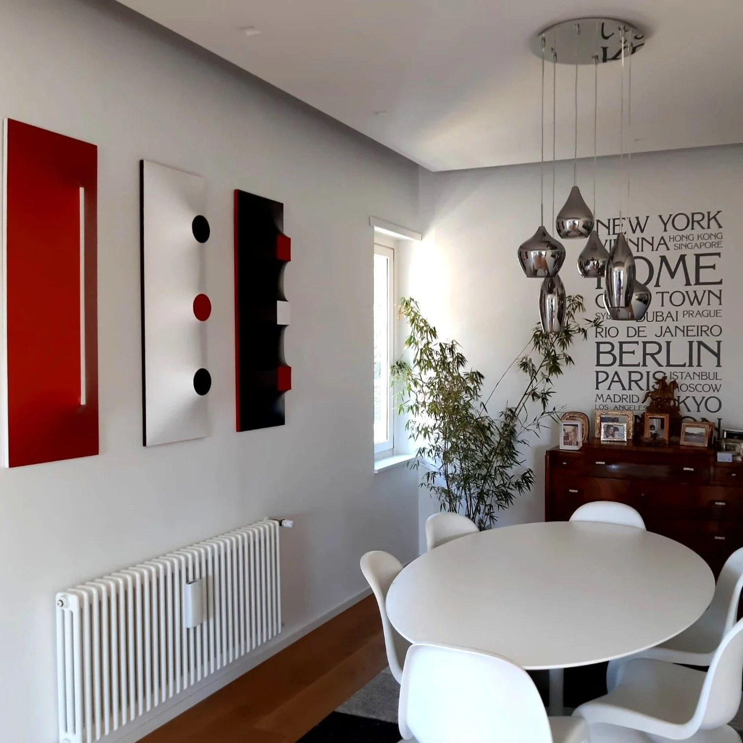 Large-scale polychrome extroflessed triptych by Alessandro Butera, 150x150 cm geometric 3D wall sculpture, Italian Spatialism, private collection