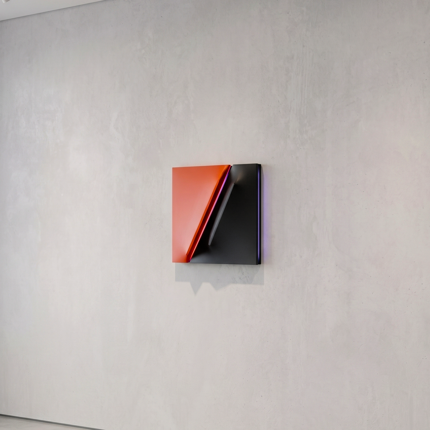 Red and black extroflessed artwork with integrated white LED and violet reflected glow along a diagonal cut, acrylic on fabric, mixed media, bespoke illuminated parietal sculpture by Alessandro Butera Studio Italy for luxury architectural interiors