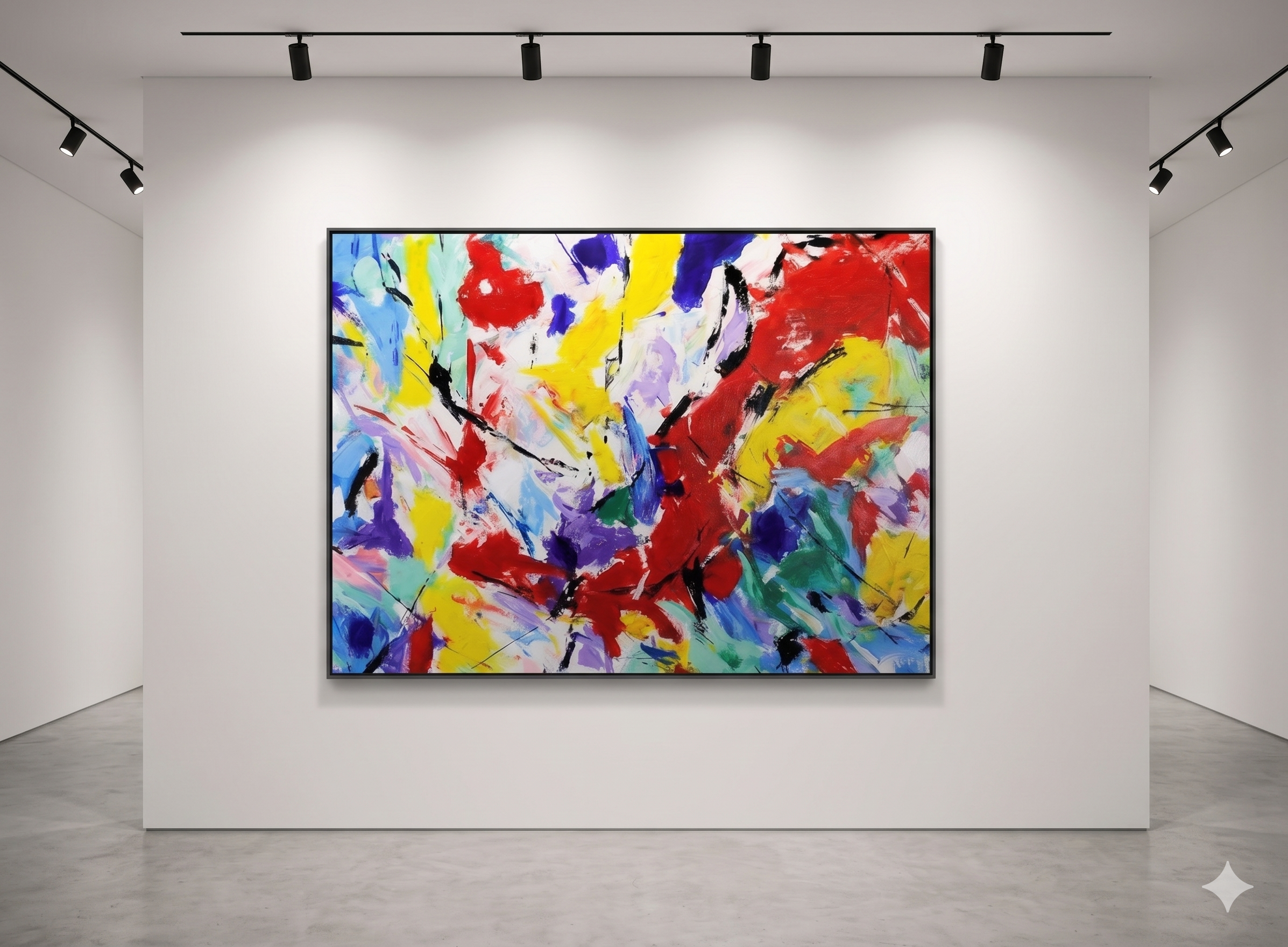  Polychrome abstract painting by Alessandro Butera, vibrant gestural brushwork in red, yellow, blue and purple, acrylic on canvas, for luxury interiors