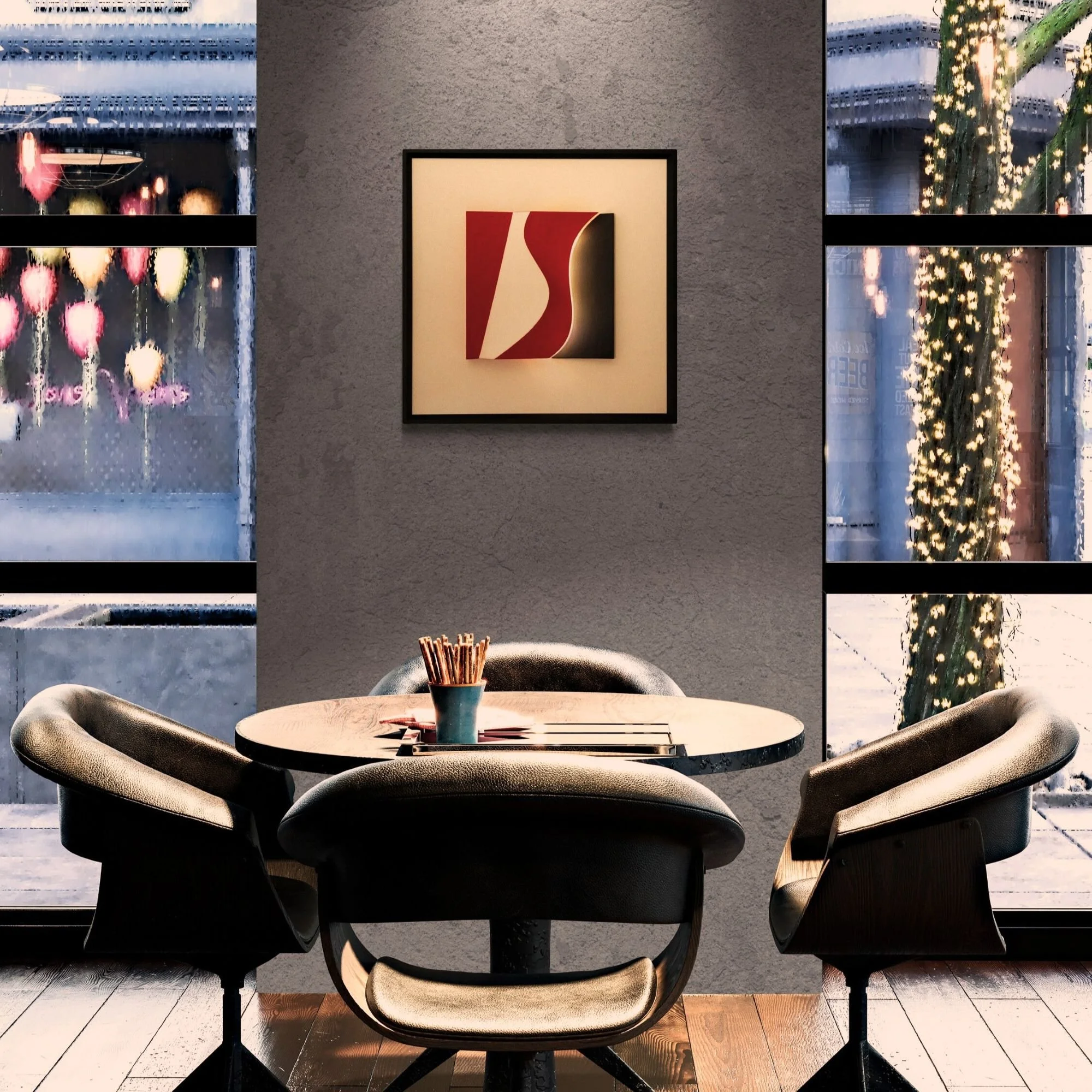 Polychrome LED bas-relief by Alessandro Butera, signature curved form in red, white and black with integrated white LED light, hand-painted frame, for luxury interiors and hospitality spaces