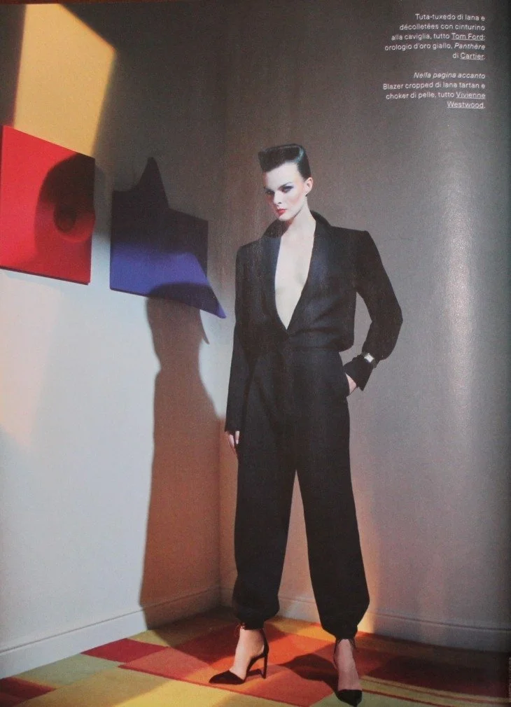 Two extroflessed artworks by Alessandro Butera, red and blue, featured in a fashion editorial for Elle magazine
