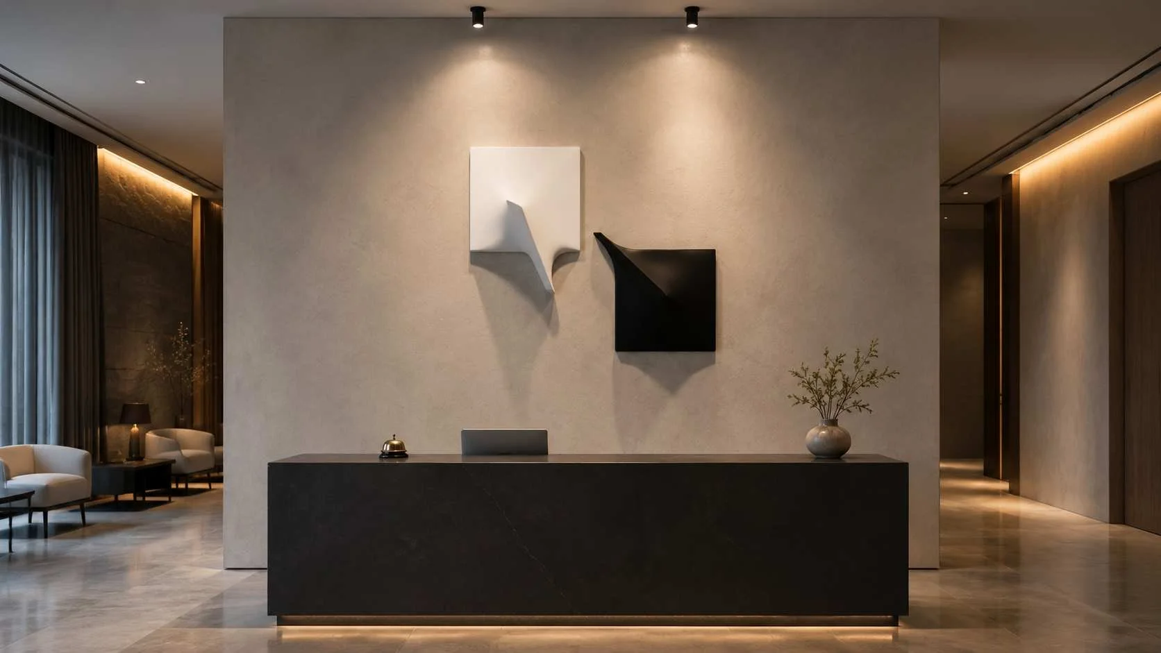 Black and white spatialist diptych artwork with extroflections by Alessandro Butera, curated for luxury hotel lobby and superyacht interior design in London, Monaco, and New York.
