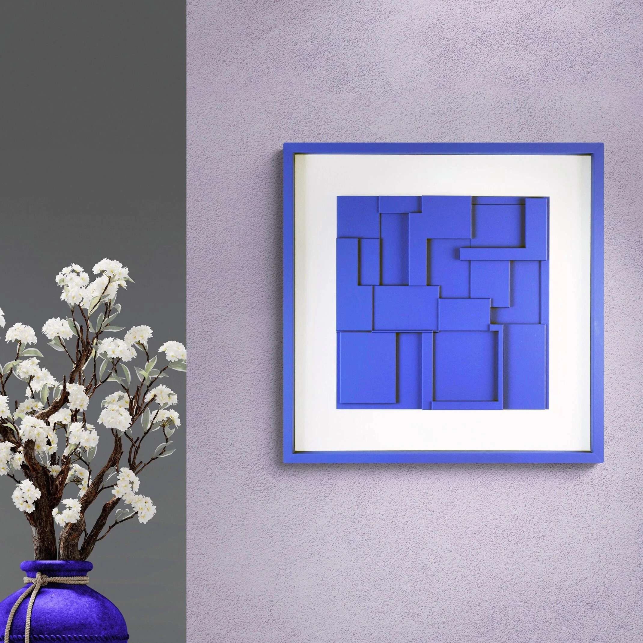 Blue geometric bas-relief by Alessandro Butera, hand-finished relief with white passe-partout and hand-painted frame, for luxury interiors