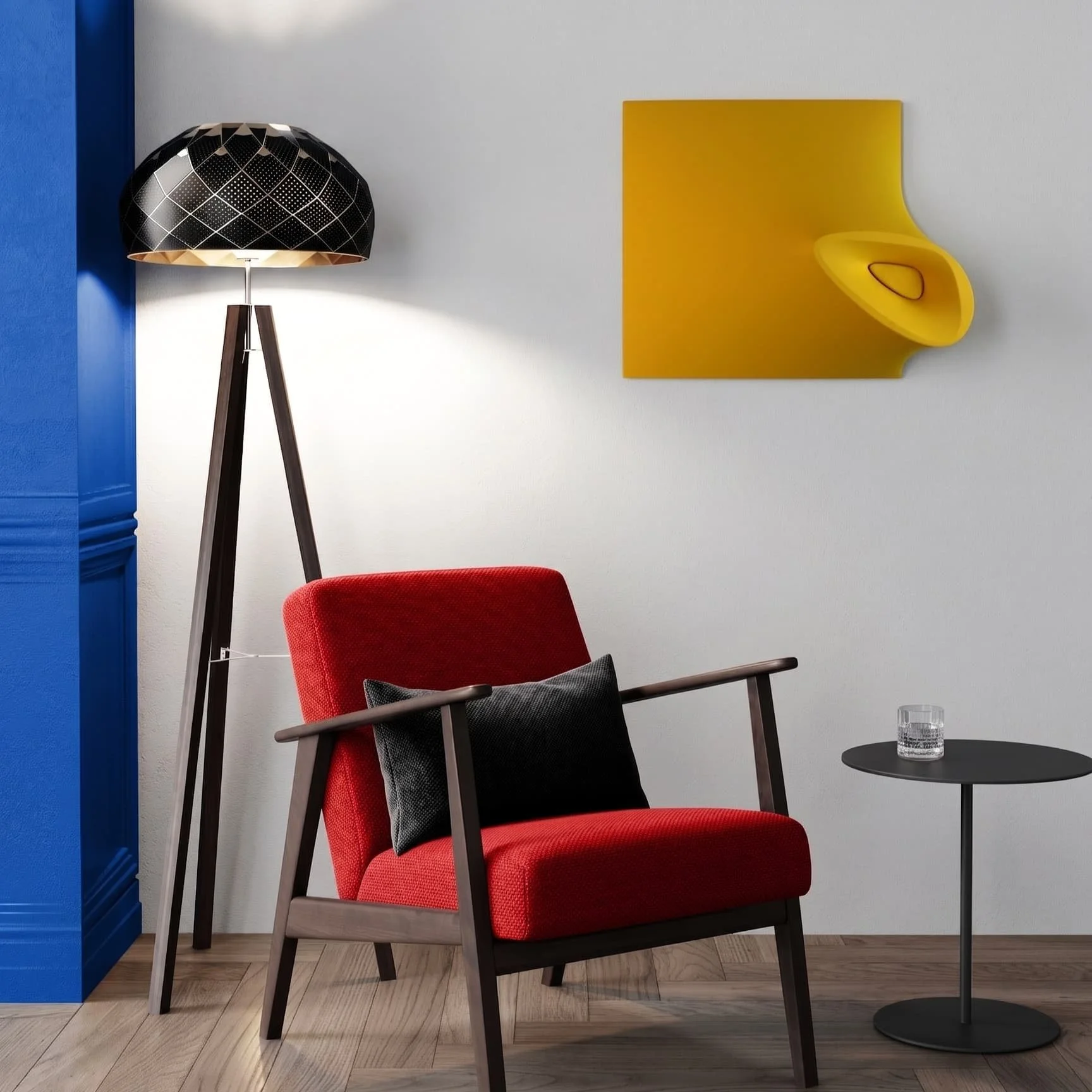  Yellow monochromatic extroflessed artwork with lateral spiral form, acrylic on fabric, mixed med, installed in contemporary luxury interior, bespoke parietal sculpture by Alessandro Butera Studio Italy for high-end residential and hospitality spaces