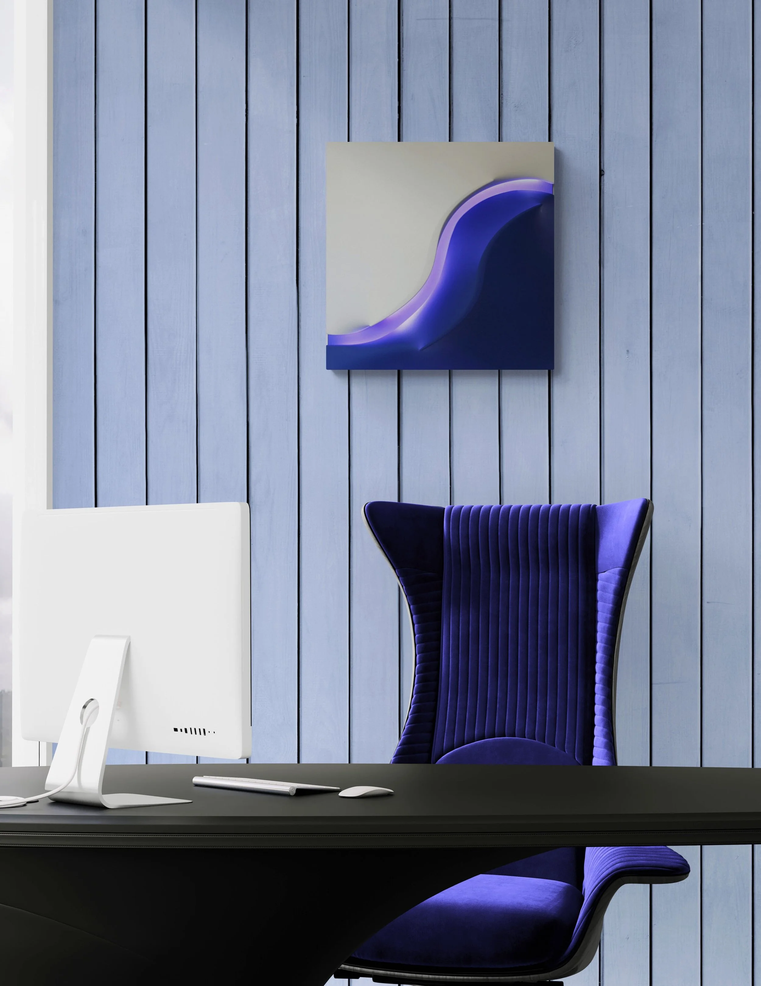 Blue extroflessed artwork with integrated white LED and violet reflected glow, acrylic on fabric, mixed media, bespoke illuminated parietal sculpture by Alessandro Butera Studio Italy for luxury hospitality, lounges and high-end interiors