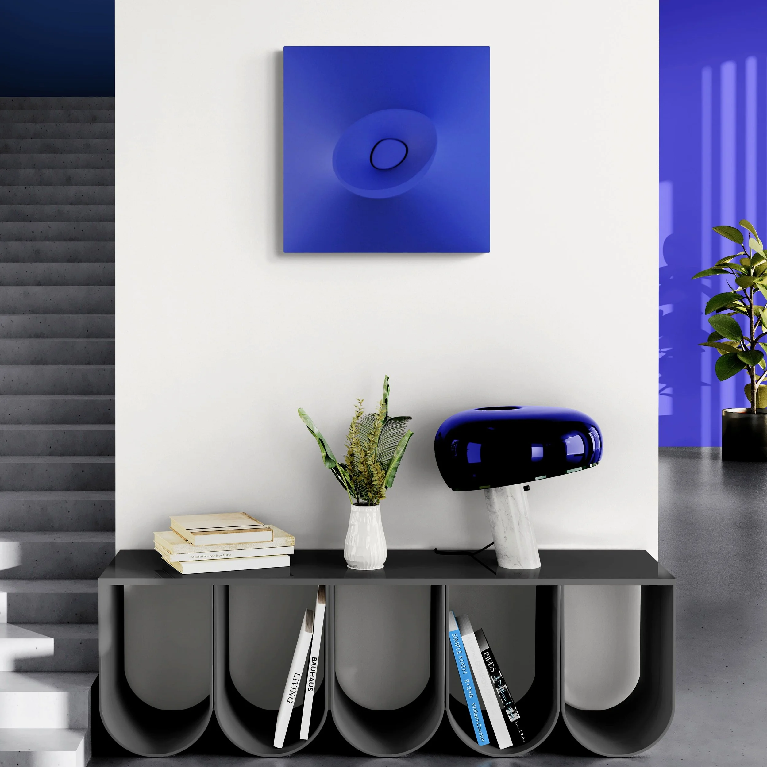 Blue monochromatic extroflessed artwork, acrylic on fabric, mixed media, installed in contemporary luxury interior, bespoke parietal sculpture by Alessandro Butera Studio Italy for high-end residential and hospitality spaces