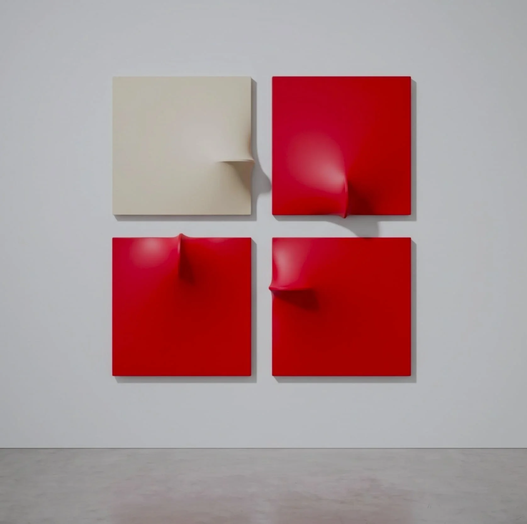  Red and white polyptych extroflessed artwork, four modules, acrylic on fabric, mixed media, bespoke parietal sculpture by Alessandro Butera Studio Italy for luxury hospitality, hotel lobbies and high-end residential interiors