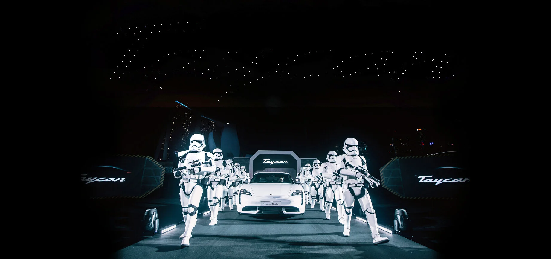 Porsche Taycan and Disney launch event with drone show, stormtroopers and brand activations and experiences for media, influencers and the public.