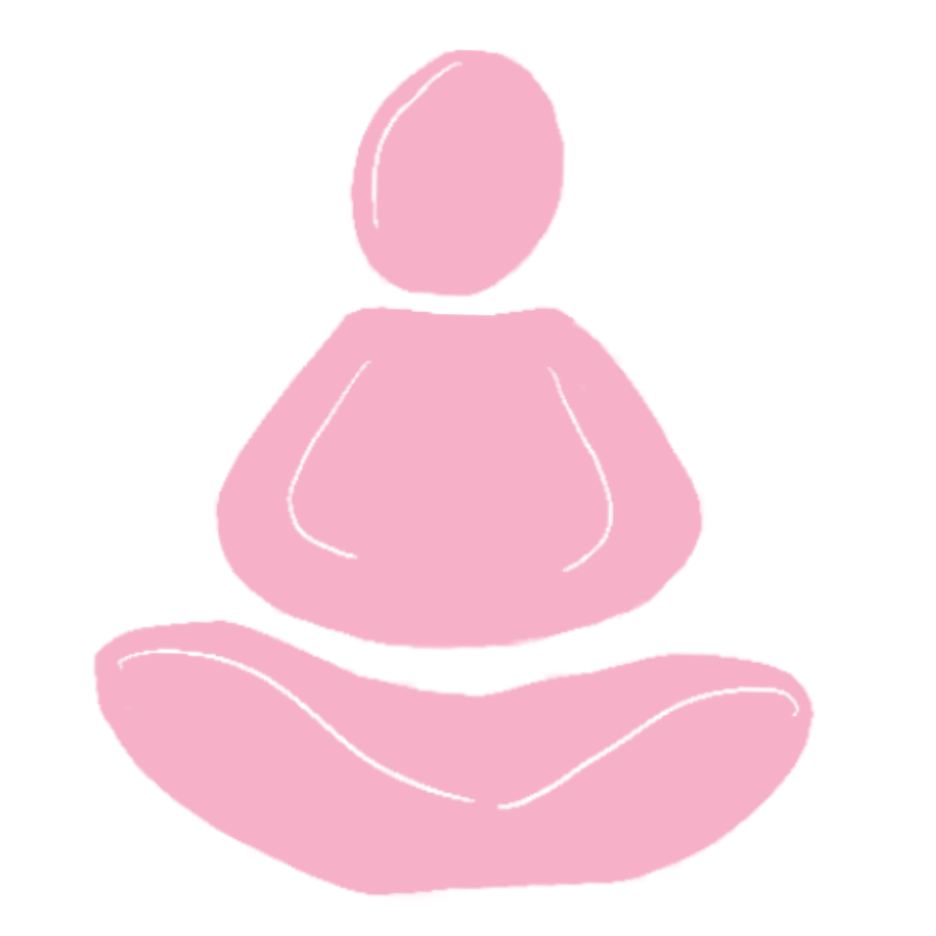 Simplified pink illustration of a person meditating in a cross-legged seated position, with a rounded head and body. Suitable for a calming or yoga-related context.