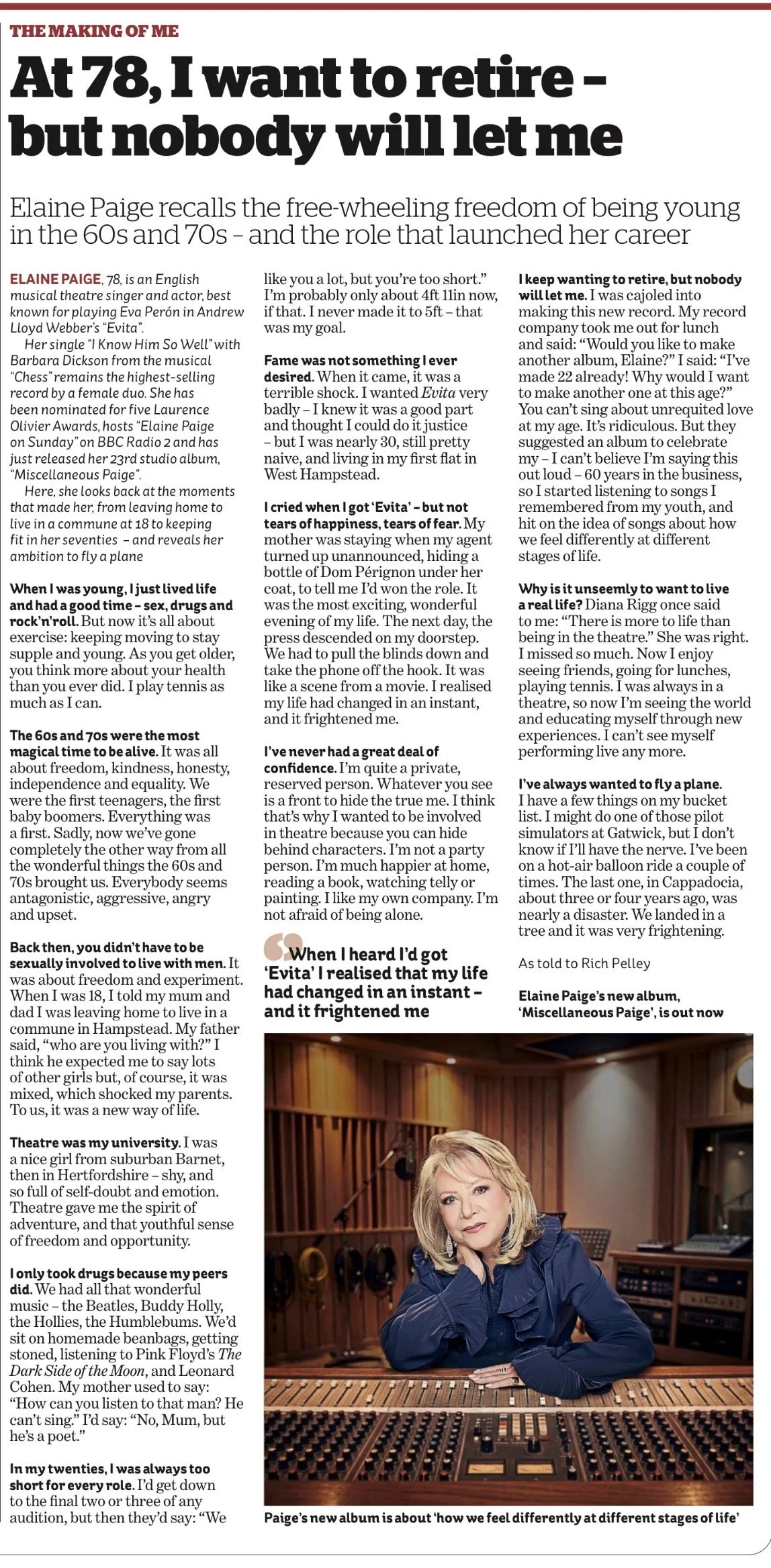 Elaine Paige's 'Making Of Me' interview in The I