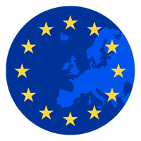 Het Europese vlag met een blauwe achtergrond en twaalf gele sterren rondom een kaart van Europa.
