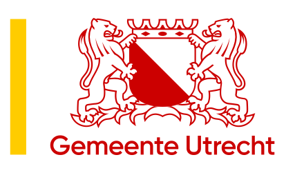 Het wapen van de Gemeente Utrecht met twee leeuwen en een schild, onder de tekst 'Gemeente Utrecht'.