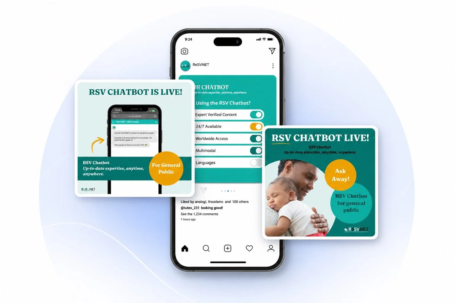 Een smartphone met daarop een Instagram-berichten over een RSVP-chatbot, omringd door posters en digitale banners die de chatbot promoten voor algemene publieke communicatie.
