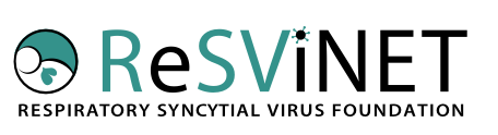 Logo van ReSVINET, de Respiratory Syncytial Virus Foundation met een grafisch symbool van een ademhalingsdraad en tekst in zwart en groen.