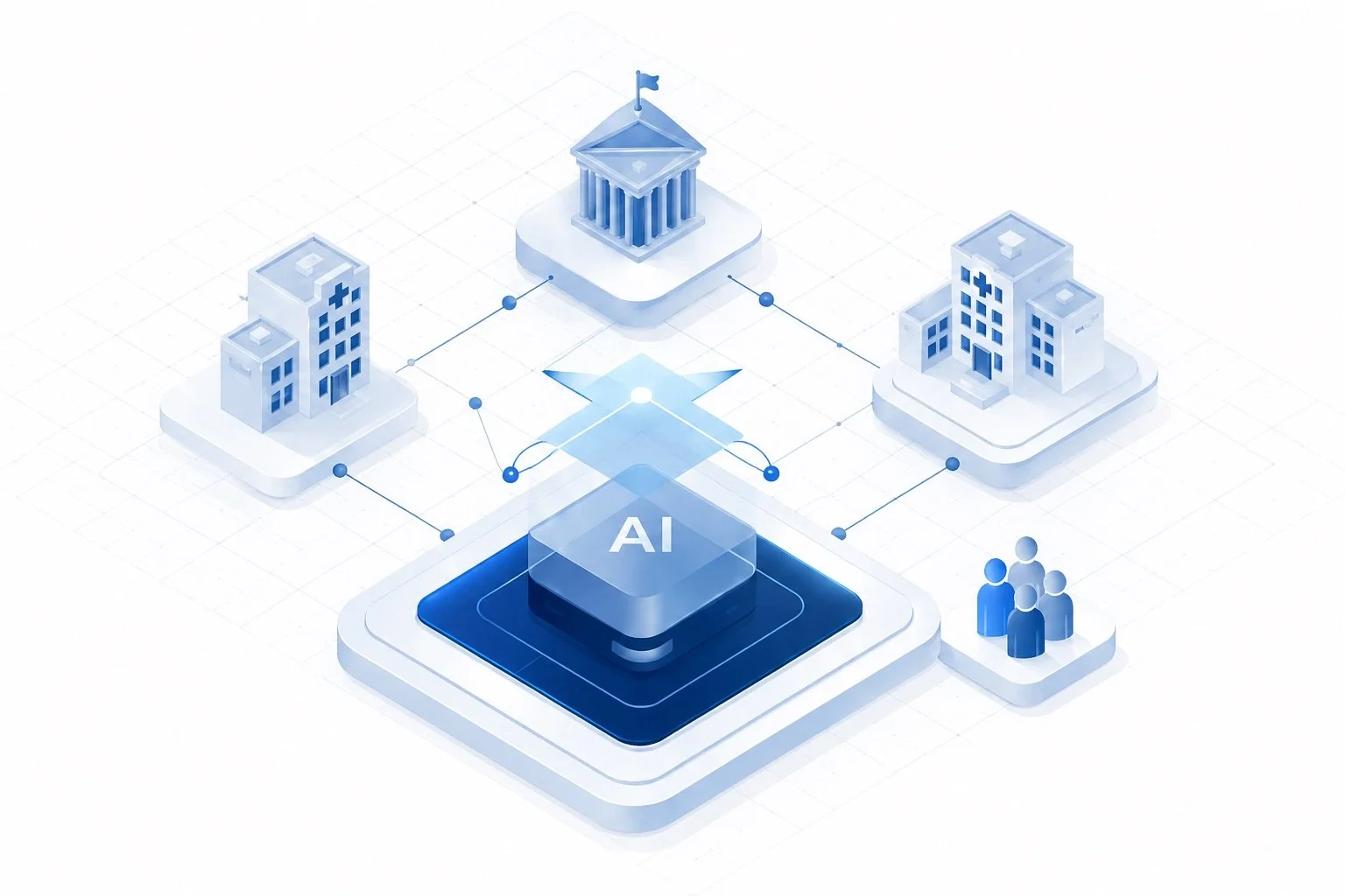 Illustratie van kunstmatige intelligentie (AI) die verbonden is met ziekenhuizen, gebouwen en groepen mensen.