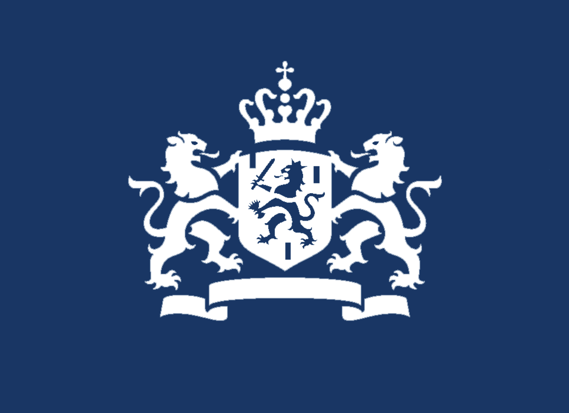 De blauwe vlag met een wit heraldiek schild in het midden, gedragen door twee leeuwen en gekroond met een kroon.