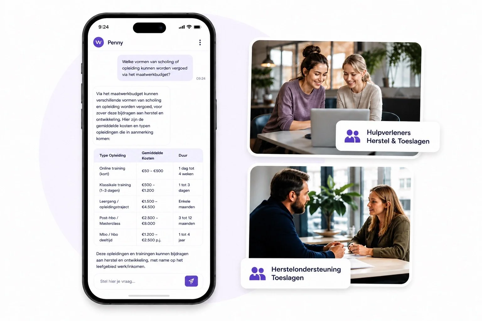 Smartphone met chatgesprek over opleidingen en kosten, naast twee foto's van mensen in een bespreking onder de labels "Hulpverleners Herstel & Toeslagen" en "Herstelondersteuning Toeslagen".