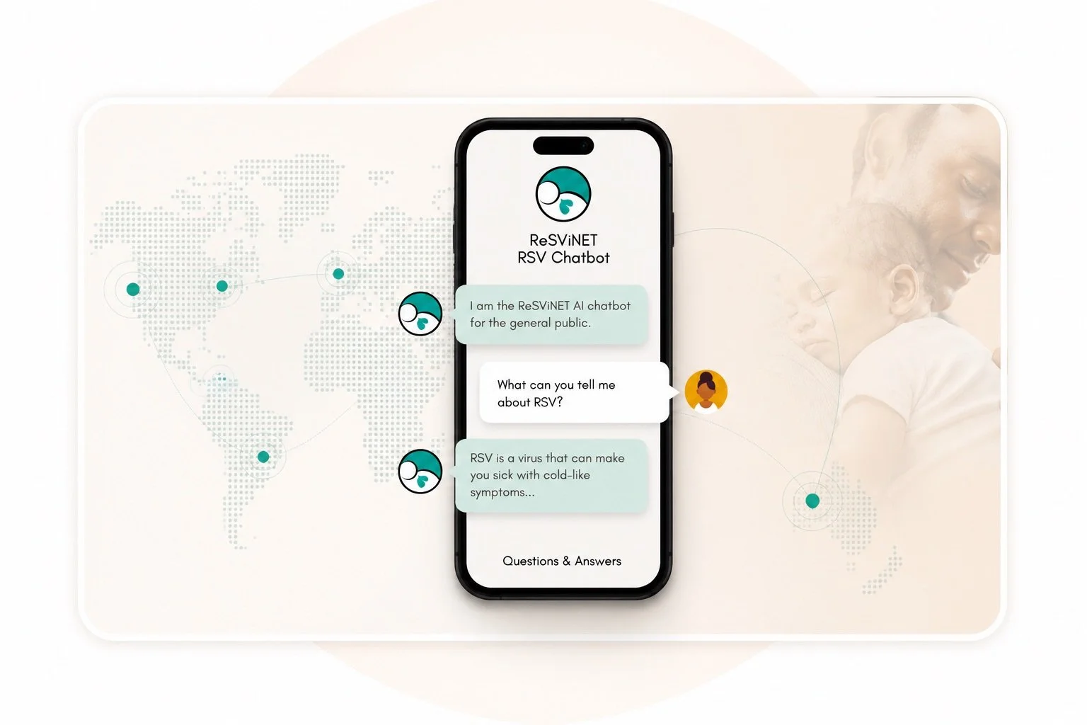 Een smartphone met een chatgesprek over RSV, geplaatst op een achtergrond met een wereldkaart en een afbeelding van een mannelijk koppel die knuffelt.