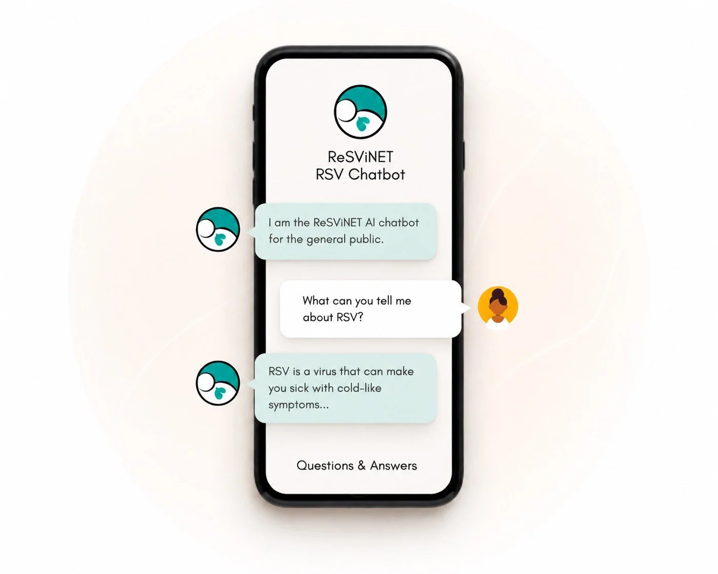 Een smartphone die een chat toont met een titel 'ReSViNET RSV Chatbot'. Er zijn berichtbubbels met tekst over RSV met een illustratie van een logo naast de berichten en een afbeelding van een persoon met een gele achtergrond naast de chat.