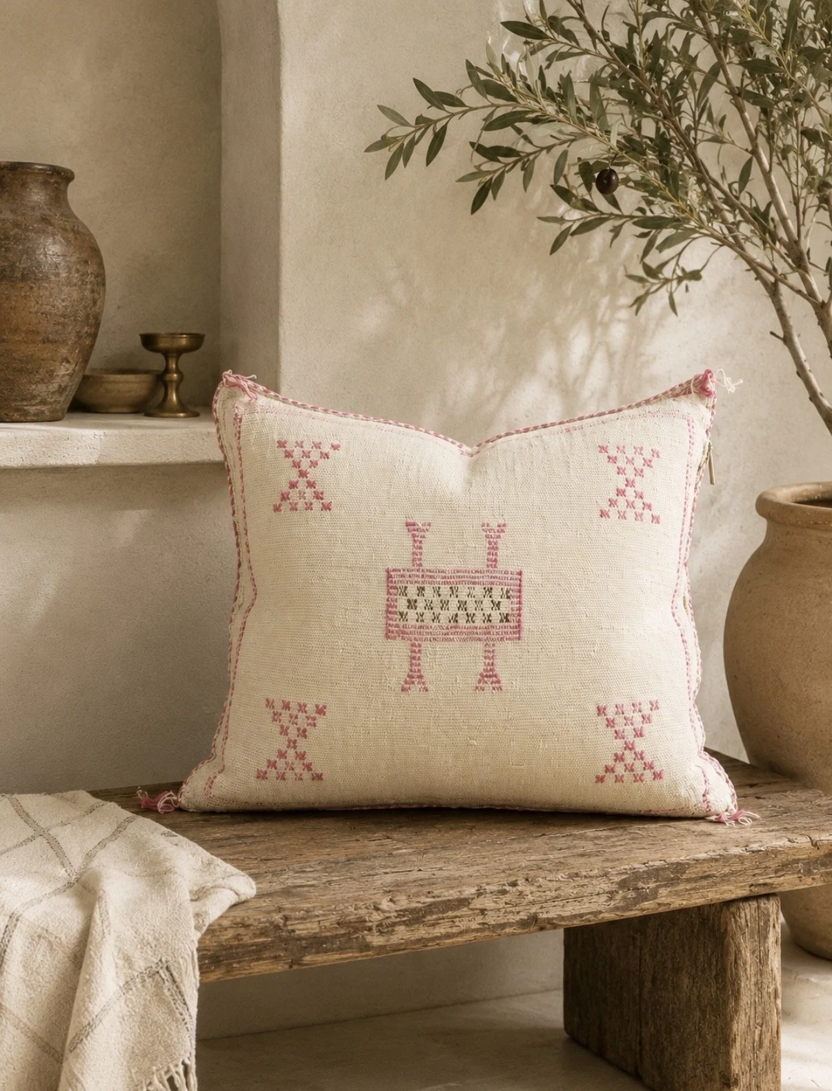 Natural (with pink accents) Cactus Silk Cushion