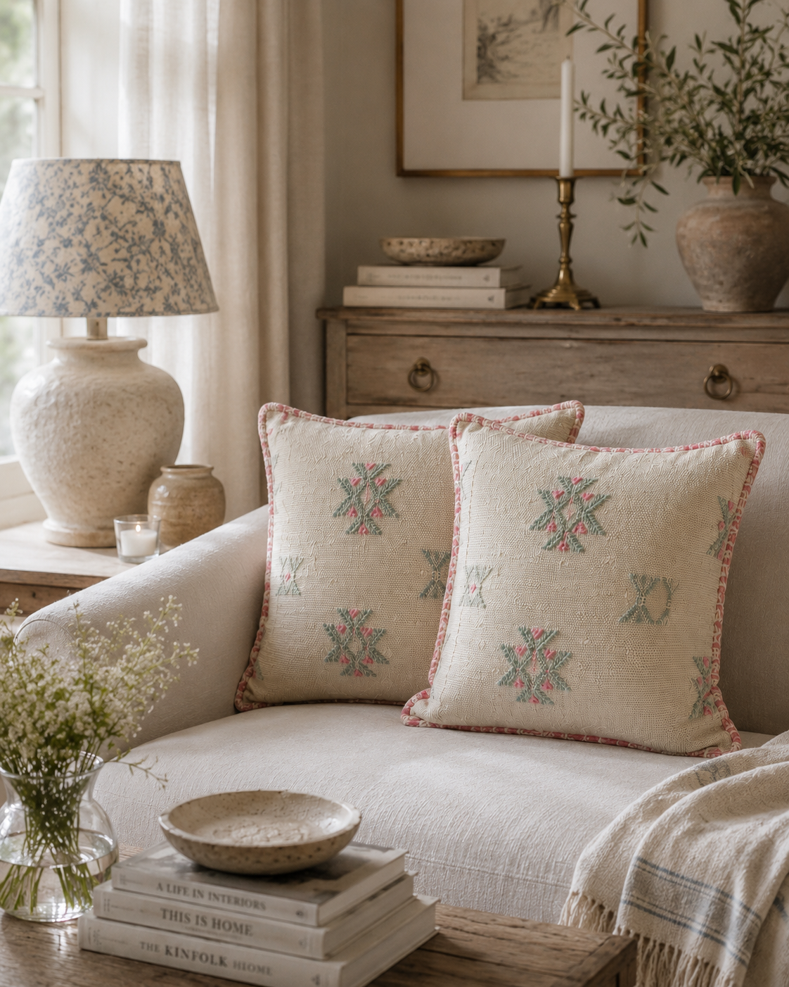 White (with green & pink accents) Cactus Silk Cushions