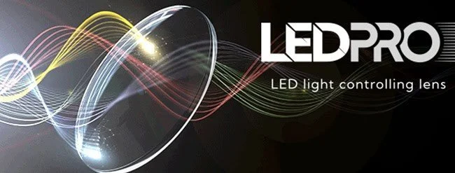 LEDPro logo with a light controlling lens and colorful light waves in background.