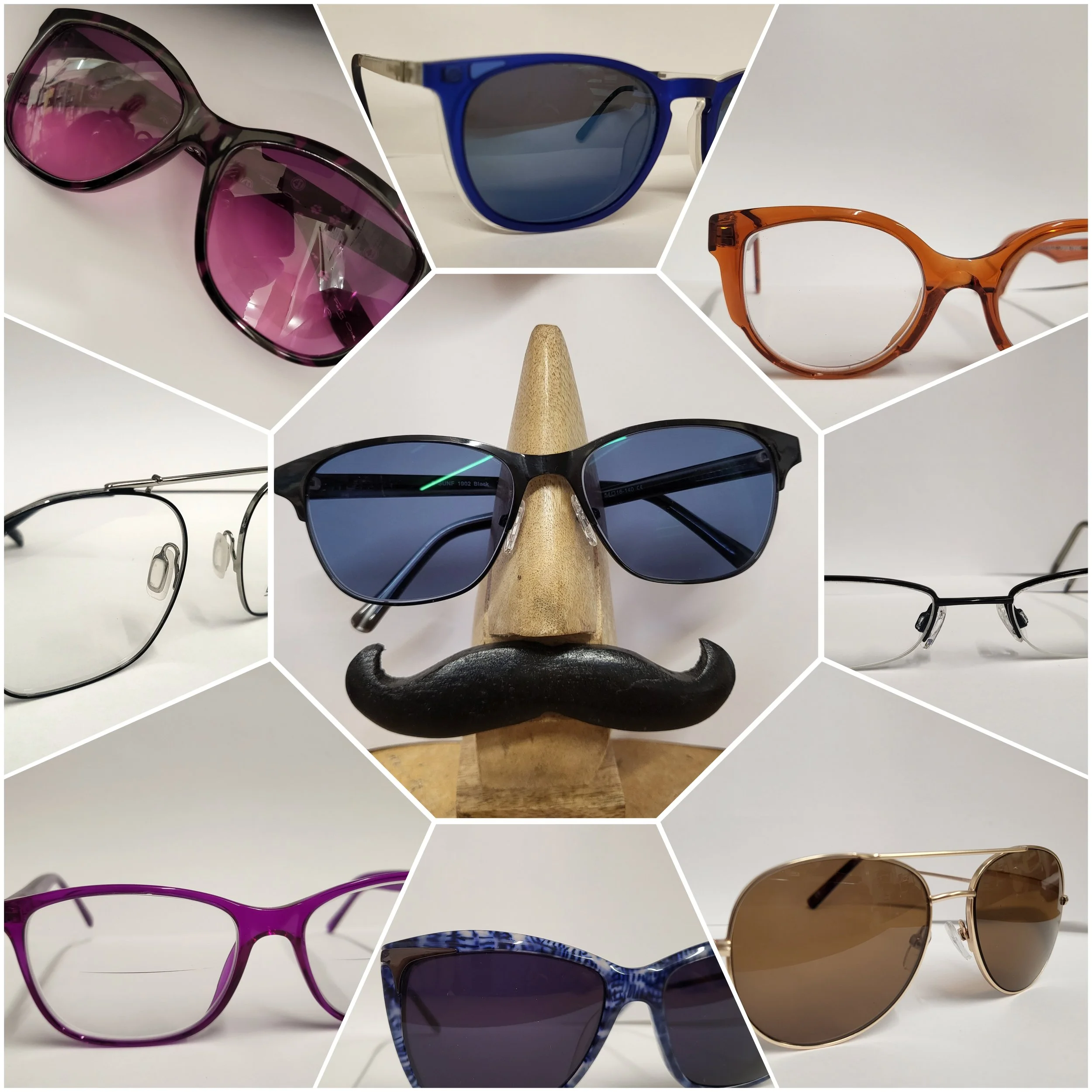 Collage of various sunglasses with different colors and styles displayed on white surfaces.