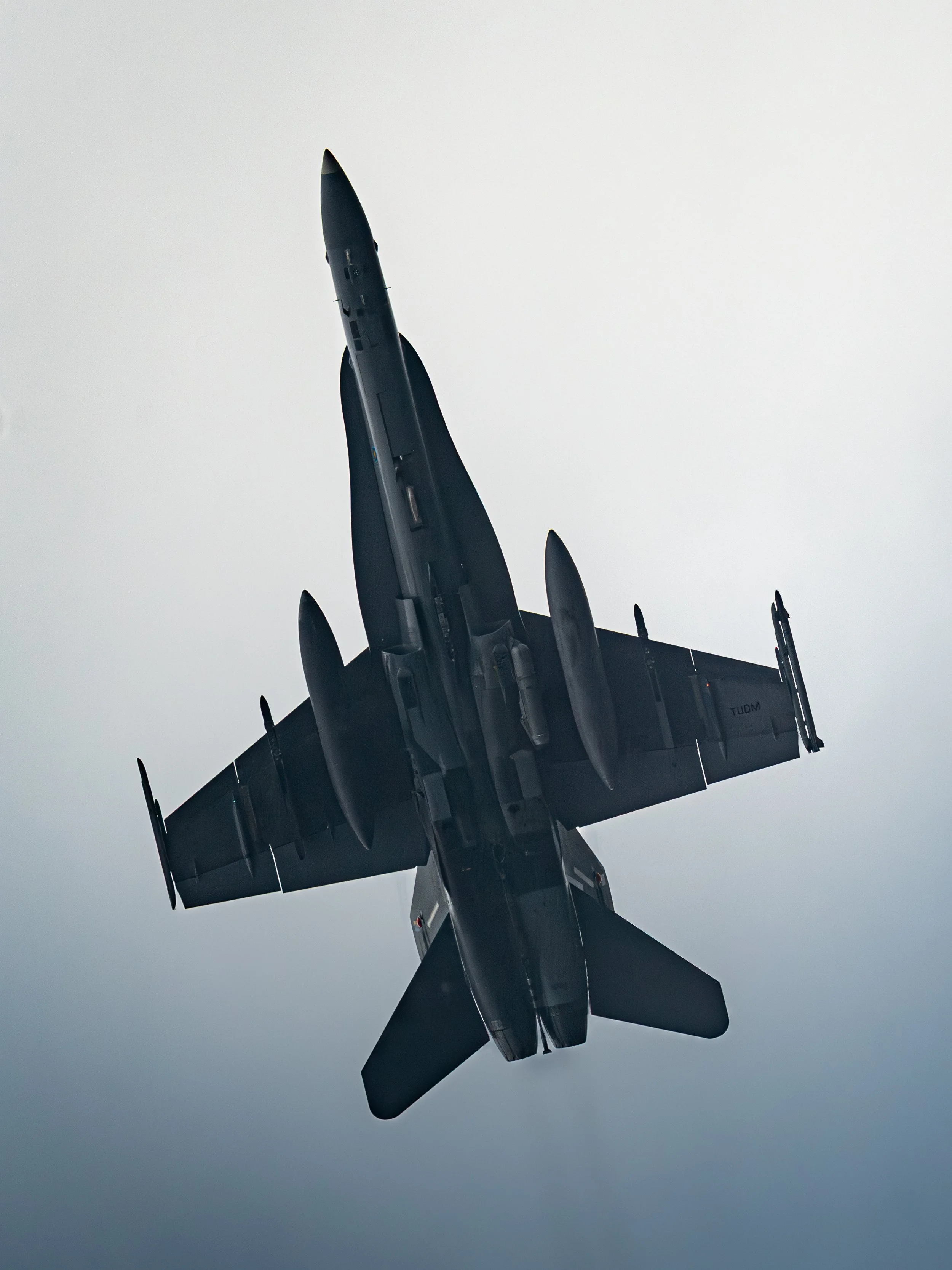 RMAF F/A-18D Hornet, TUDM Kuantan, Pahang — Directly overhead, the Hornet lays itself bare. Pylons loaded, twin tails split against a featureless grey sky. Pure geometry, pure intent.