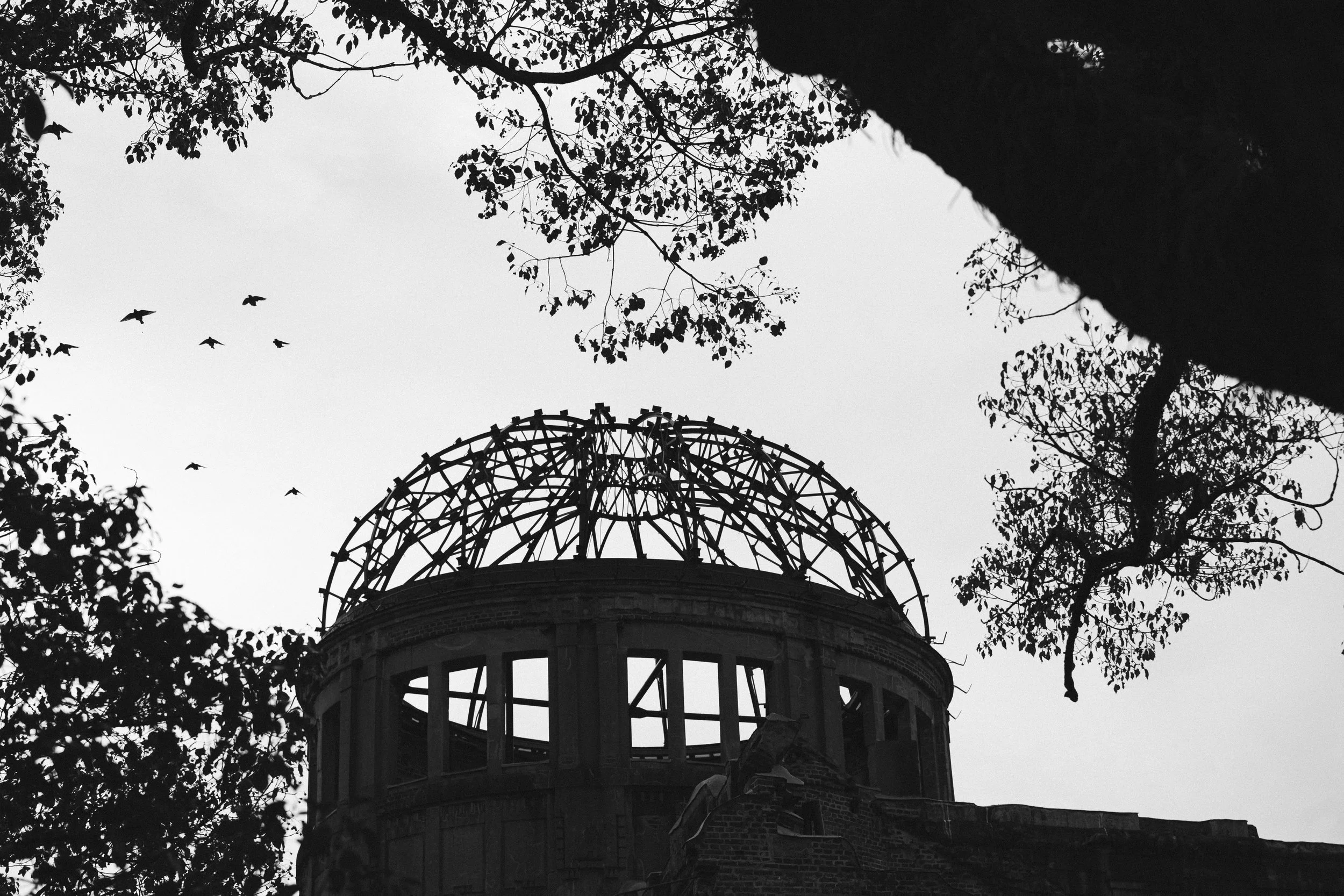 The skeletal dome of the Genbaku Dome rises against an overcast sky, framed by tree branches and birds in flight.