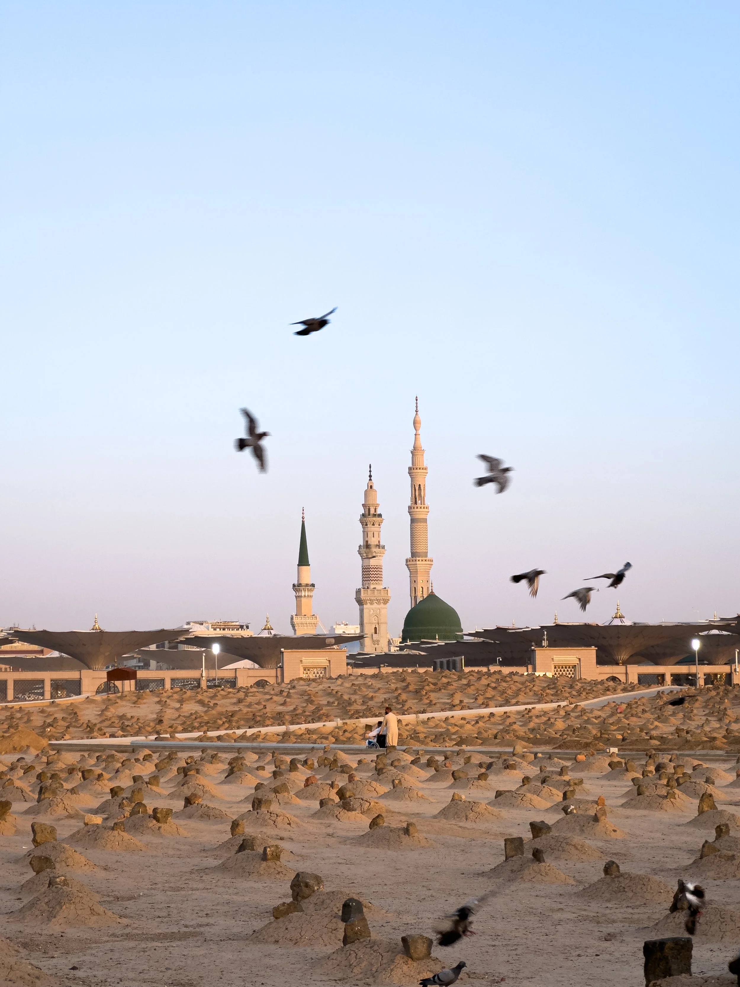 Jannat al-Baqi, Medina, Saudi Arabia — Birds scatter above the ancient cemetery as the green dome of Masjid Nabawi rises behind. 
