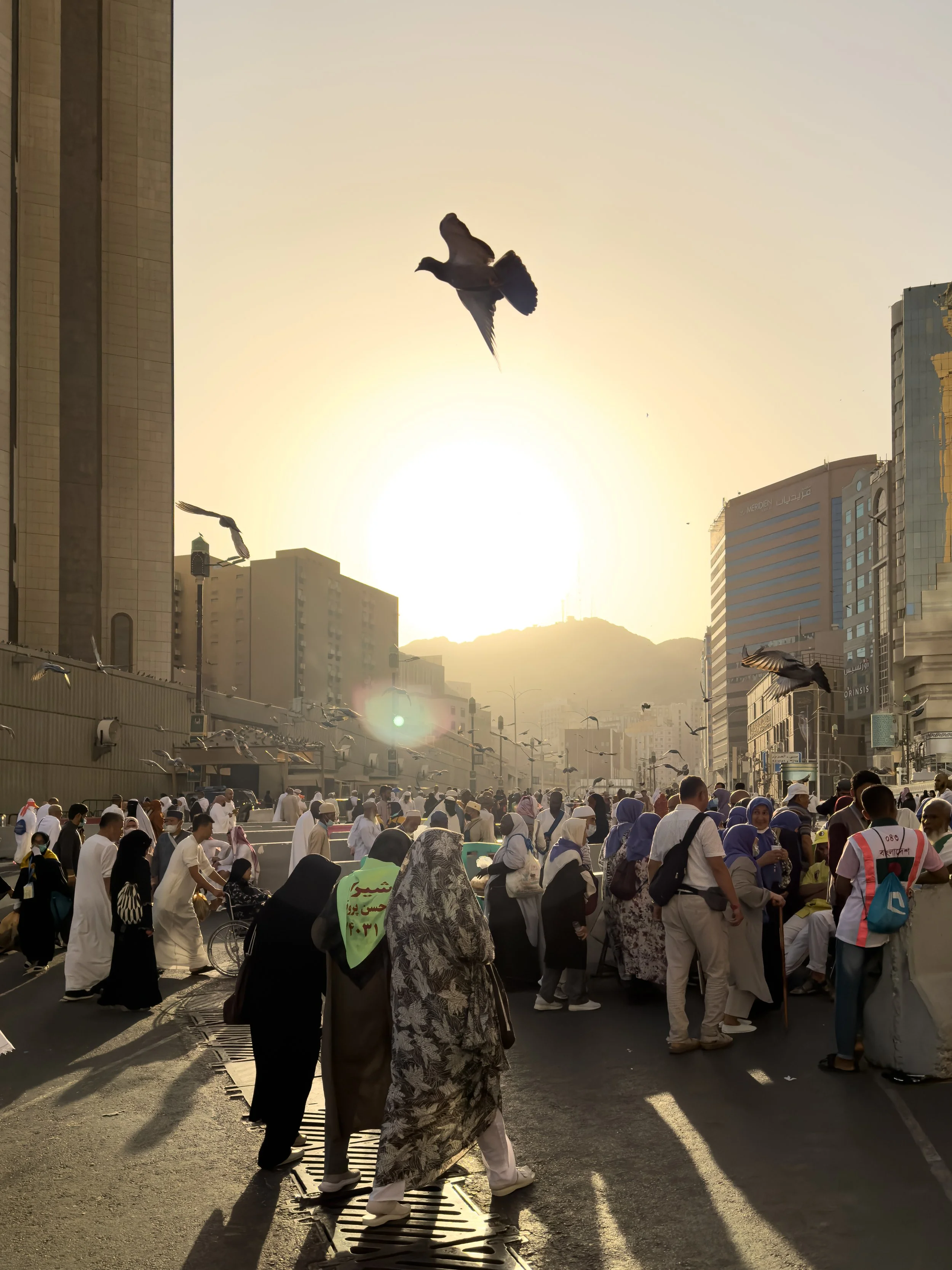 Mecca, Saudi Arabia — A pigeon catches the last light above a street full of pilgrims moving toward the Haram at golden hour. Sun flare, crowd, motion, bird — an unrepeatable frame in the holiest city on earth.