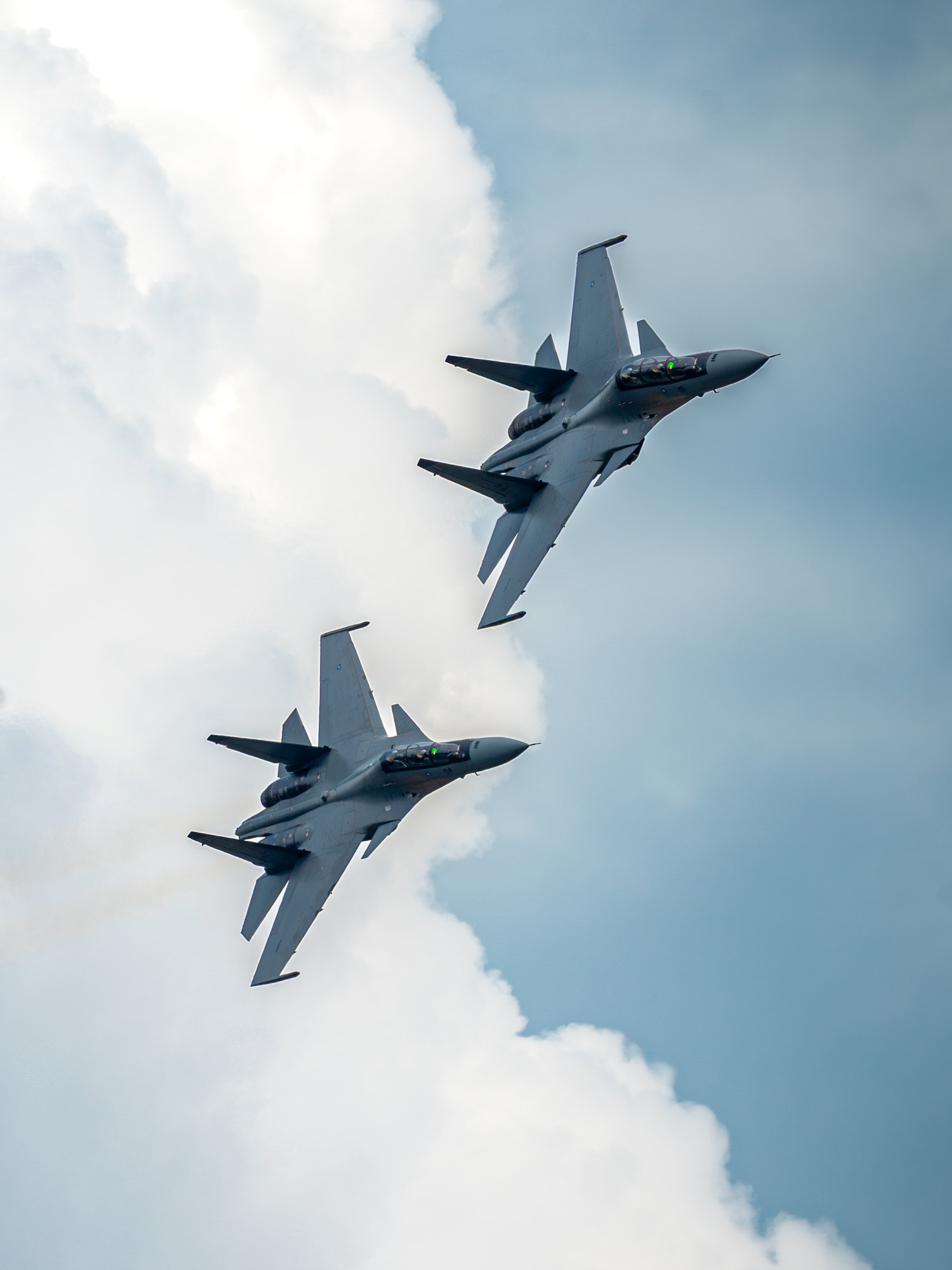 RMAF Su-30MKM Formation, TUDM Kuantan, Pahang — Two Su-30MKMs carve through the clouds in close formation, mirroring each other's arc across the sky. Precision and power, choreographed at altitude.