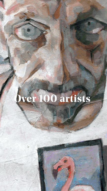 Close-up of an abstract portrait of an elderly person with grayish skin, wide eyes, and an open mouth, with the text "Over 100 artists" overlaying the face.