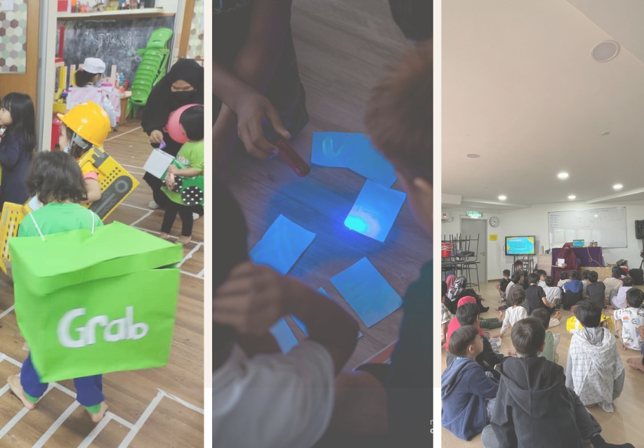 First image shows children dressed in costumes, including one as a delivery person, in a classroom. Second image shows a close-up of hands working with a UV light and paper sheets. Third image depicts children sitting on the floor in a classroom, watching a presentation on a screen.