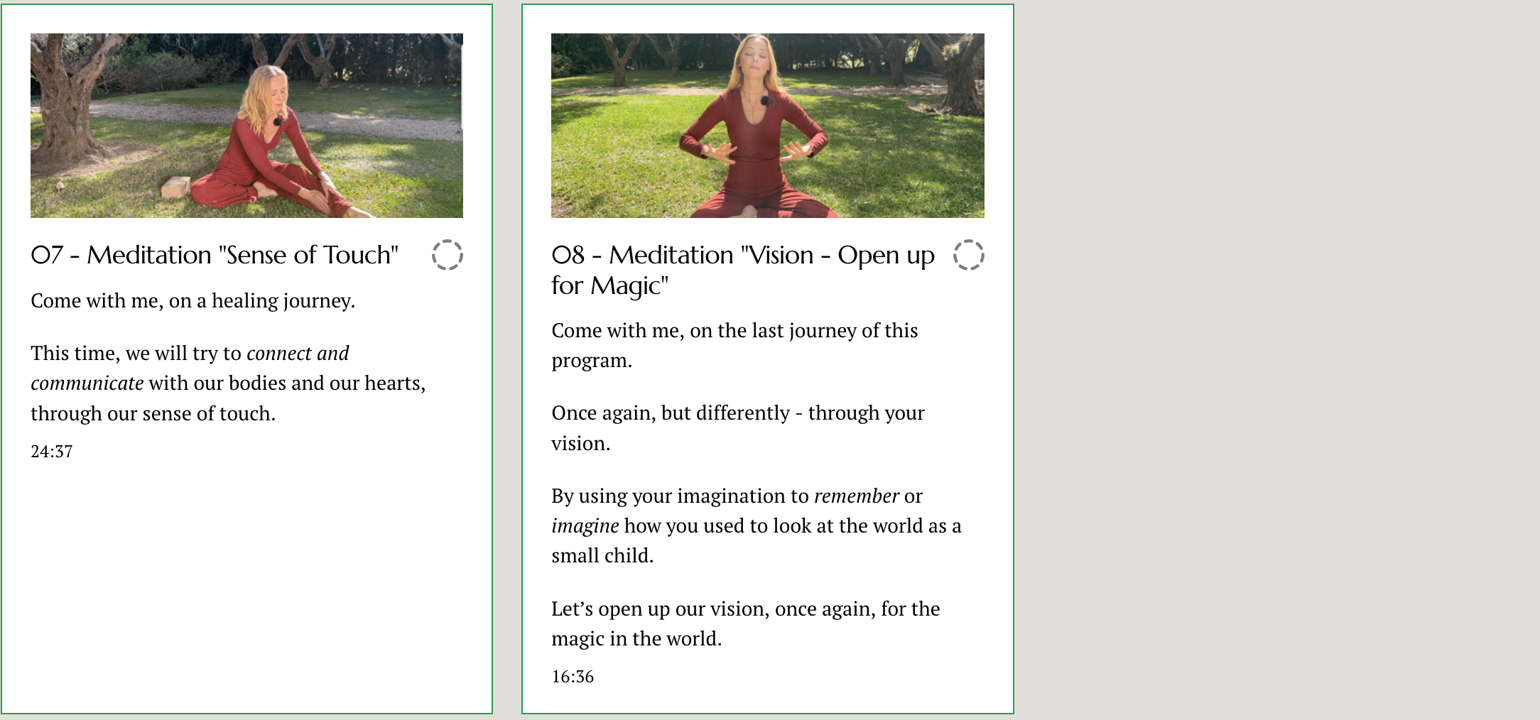 Two images of women practicing meditation outdoors in a park with trees and grass, with accompanying text describing meditation sessions focused on touch and vision.