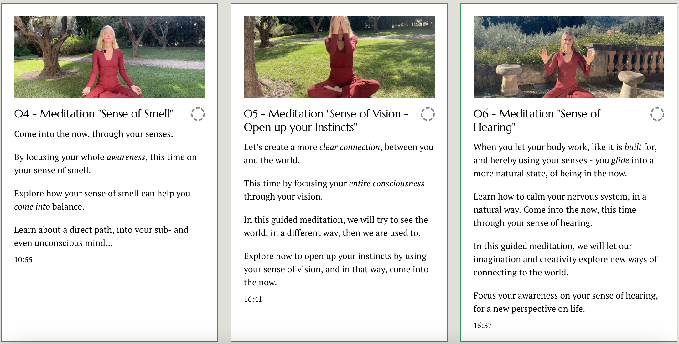 Three images of a woman dressed in red, practicing different meditation poses outdoors in a park-like setting with trees and grass, accompanied by descriptive text about meditation techniques focusing on the senses of smell, vision, and hearing.