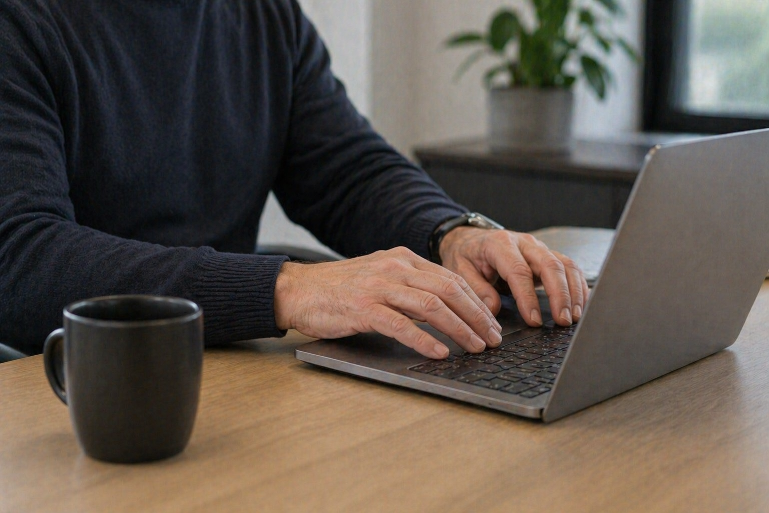 Person's hands typing on a laptop keyboard, black coffee mug on a wooden table, window with a potted plant in the background.