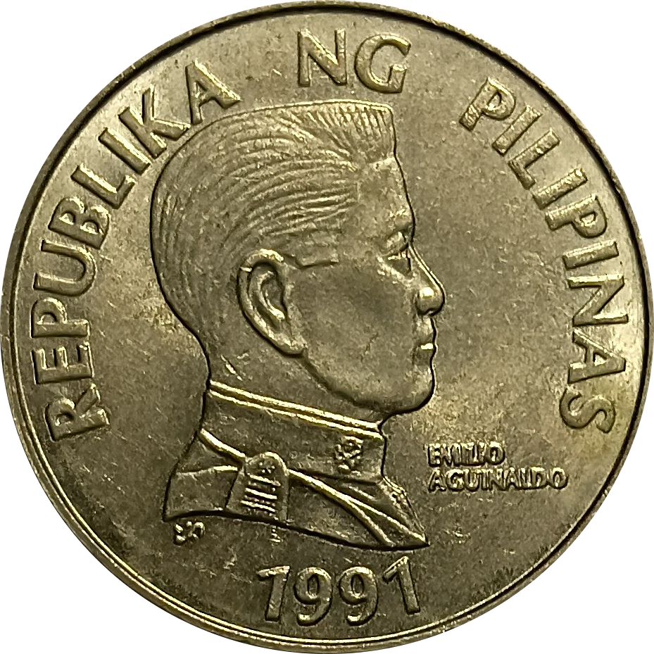 1991 5 Piso Improved Flora and Fauna Series Philippine Coin - Obverse view featuring Emilio Aguinaldo - Almost uncirculated condition