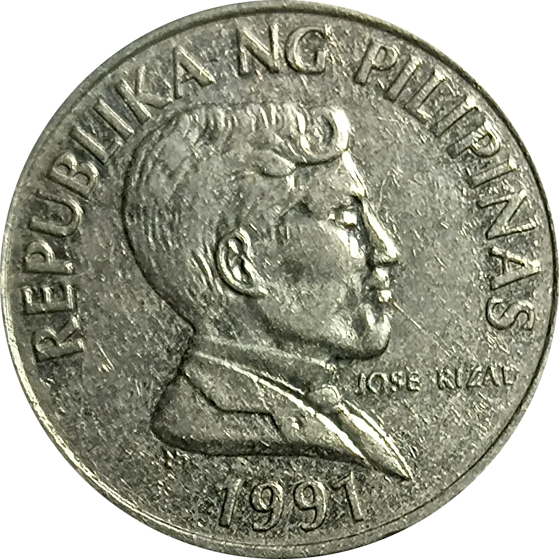 1991 1 Piso Improved Flora and Fauna Series Philippine Coin - Obverse view featuring Jose Rizal - Almost uncirculated condition