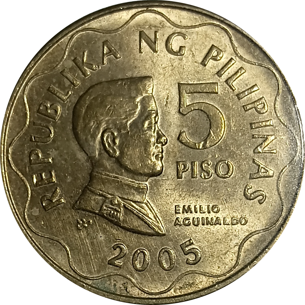 2005 5 Piso BSP Series Philippine Coin - Obverse view featuring Emilio Aguinaldo - Almost uncirculated condition
